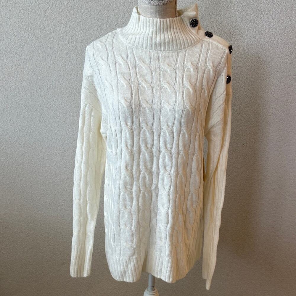 St. Johns Bay Sophisticated Ivory Cable Knit Sweater Button Mock Neck NWT - M